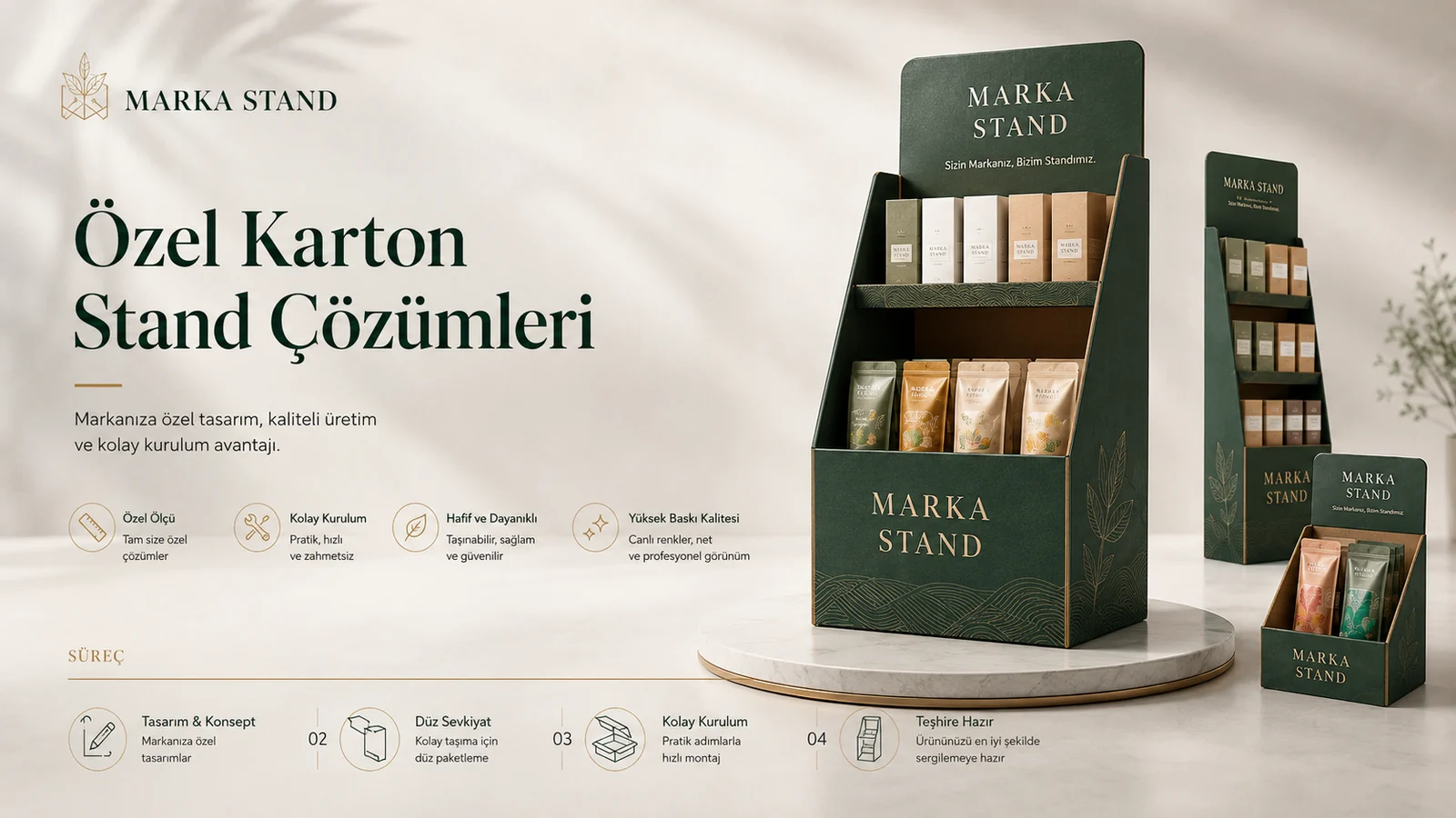 Karton stand üretim süreci: düz tasarım, düz sevkiyat, kolay kurulum, teşhire hazır stand